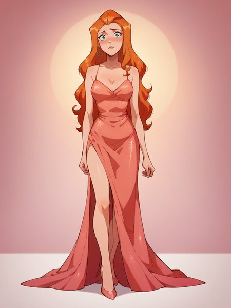 score_9, score_8_up, score_7_up, score_6_up, score_5_up,   <lora:SamTSXLP:1> samts, 1girl, long hair, solo, green eyes, orange hair, pink evening gown, full body, blush