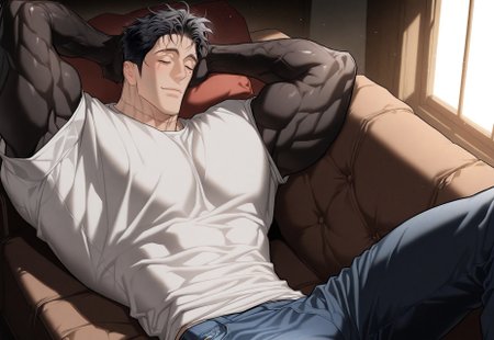  scenic view, cinematic moment, cinematic lighting, volumetric lighting,detailed shadows, high res, high quality,MANWHA, Bara, masculine, male focus ,Pyo guwon, 1boy,sleeping, black hair, messy hair, male focus, solo, eye mole, eye scar,very muscular, huge pecs, huge biceps, :), black hands, black arms, black chest, arms behind head, laying on couch, jeans, white shirt, laying on side
