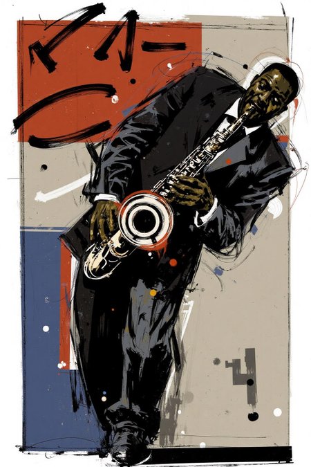poster illustration. An African American musician, facing the viewer, is playing a saxophone. He is dressed in a dark suit and is swinging his upper body sideways.  <lora:posterillustration_cap_d8a4e11:1.0><lora:846205615266170805:0>