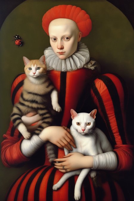 <lora:Sofonisba Anguissola Style:1>Sofonisba Anguissola Style - Portrait of a sweet beautiful albino woman surrounded by giant Coccinellidae ladybug ladybird With a cat in his arms. painting by Parmigianino, by felice casorati,