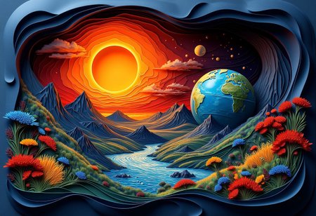 <lora:Paper_Quilling_And_Layered_Paper_Style:0.8> Paper Quilling, Layered Paper planet earth with the sun in the background, eclipse,, surreal photography, dreamlike imagery, subconscious exploration, bending reality, imaginative narratives, juxtaposing elements, evoking wonder and awe, transcending boundaries, challenging perceptions, fantastical landscapes, otherworldly atmospheres