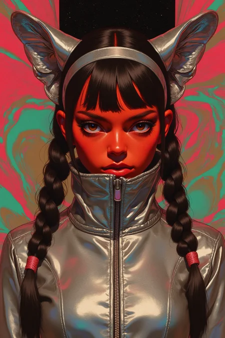 (cksc style, fantasy painting) A hyper-realistic digital artwork inspired by 90s anime and manga: A highly detailed digital close-up portrait of a woman with striking, single-tone crimson skin, long jet-black hair styled into two precise, glossy braids, and a sleek chrome cat ear headband resting atop her head. She wears a high-tech, reflective silver bodysuit with a structured high collar and a partially unzipped front, the liquid-metal fabric catching light with a futuristic gleam. Her deep brown eyes, framed by bold lashes, radiate intensity, while her lips, coated in a pearlescent pink gloss, provide an elegant contrast to her crimson complexion. The background is a surreal explosion of color—a psychedelic, spiraling tunnel of marbled hues, blending deep reds, electric blues, vivid greens, and glowing yellows, warping into a cosmic abyss of a black, starry night sky at the top. She stands against a swirling, liquid-like surface in vibrant pink, turquoise, and gold, creating a dreamlike fusion of sci-fi and psychedelic fantasy. The chaotic yet mesmerizing setting contrasts with her futuristic elegance, amplifying the sense of mystery and energy. Every detail is meticulously rendered, from the intricate metallic reflections on her attire to the silk-like flow of her braids, creating a vision reminiscent of high-end concept art for a cyberpunk-fantasy cinematic universe. (lorenastyle, retro futuristic clothing style)