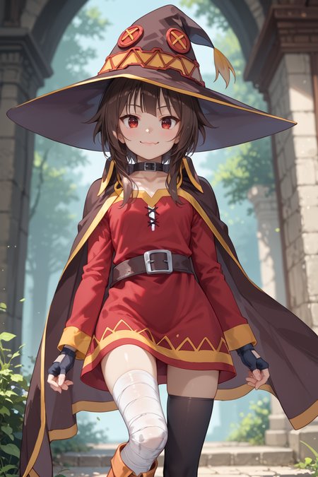 score_9, score_8_up, score_7_up, high detailed, best quality, extremely detailed, high detailed, (atmospheric perspective), blurry background, uncensored
1girl, solo, brown hair, red eyes, outdoors, small breasts, lips, nature, standing, day, bangs, medium hair, slim, slender,
BREAK
Megumin,hat,witch hat,brown hair,short hair,bangs,short hair with long locks,red eyes,collar,choker,cape,black cape,dress,red dress,long sleeves,gloves,black gloves,fingerless gloves,belt,thighhighs,black thighhighs,bandages,bandaged leg,asymmetrical legwear,boots,
<lora:Fant5yP0ny:0.4> <lora:Megumin_Illustrious:0.5> <lora:lora:0.5>
 looking at viewer, smile, dynamic pose, facing at viewer, head tilt, open stance, dutch angle, from below, open arms for viewer, panicking, wavy mouth