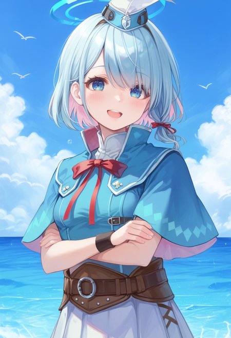 (score_9:0.9),score_8_up,score_7_up,rating_safe,(zPDXL),<lora:hub lass and Brigade Armor ponyXL v1.2:0.76>,brigade clothes,1girl,solo,open mouth,smile,blush,:d,upper body,cyan hat,red neck ribbon,cyan capelet,cyan clothes,white mini skirt,arona \(blue archive\),<lora:arona_blue archive_PONY_last:1>,