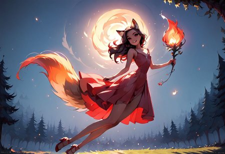 score_9, score_8_up, score_8, score_9, 1girl, miniature,  
small chest, petite body, showing lots of skin, very sexy, very cute, long legs, shiny skin, dark brown hair, dark brown fox ears, dark brown 3 fox tails, red eyes, magically holding red flame in the air above her hand, red dress, dark forest, night sky,
volumetric lighting, cinematic lighting