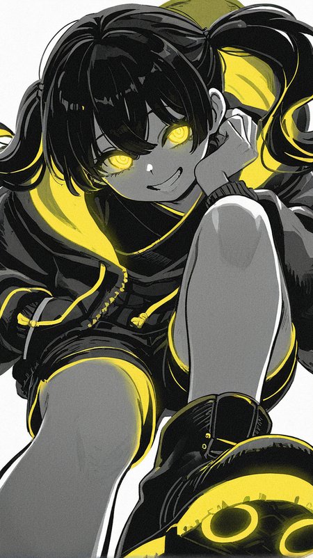 1girl, solo, long_hair, looking_at_viewer, smile, bangs, simple_background, white_background, hair_between_eyes, twintails, monochrome, yellow_eyes, greyscale, boots, shorts, teeth, hood, grin, short_shorts, hoodie, glowing, glowing_eyes, spot_color