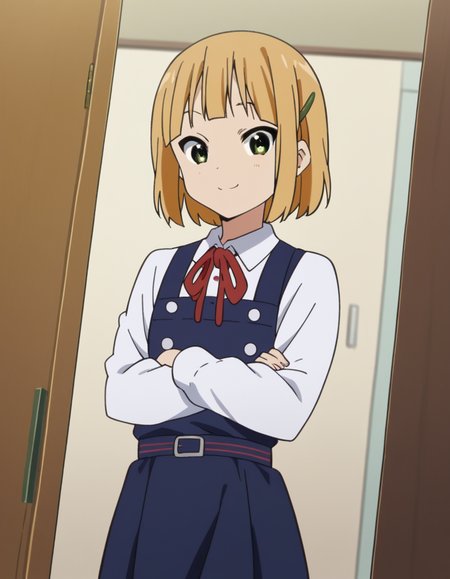 score_9, score_8_up, score_7_up, source_anime, <lora:midori-tokiwa-s1-ponyxl-lora-nochekaiser:1>, midori tokiwa, short hair, blonde hair, hair ornament, green eyes, hairclip,, school uniform, pinafore dress, ribbon, red ribbon, long sleeves, blue dress, buttons, long skirt,, closet, clothes, shelves, hangers, storage, , crossed arms, smug, looking at viewer, solo,, dutch angle, cowboy shot