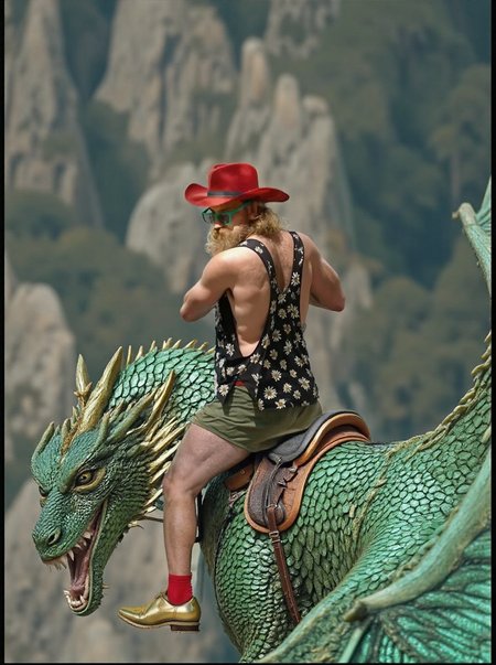 HD high quality cinematic fantasy movie photo of a man from behind, in a side view, wearing a cowboy hat and golden metallic yellow shoes, he is riding atop a massive green dragon outfitted with a sturdy saddle, the dragon left wing on the left side is clse to the foreground, the dragon is soaring through the skies, offers an exhilarating and majestic experience. The's powerful wings create gusts of wind as it glides, its emerald scales shimmering under the sunlight, while the saddle ensures a secure and comfortable seat for the rider.
ð¯<lora:syml\lorasym\Flux\flux1-canny-dev-lora.safetensors:0.75:0.75>
ðï¸ [Inpainted with Loras]: Westeros_v3_rank16_bf16-step02485, Sony_a7_III
ð¯<lora:flux\Westeros_v3_rank16_bf16-step02485.safetensors:1.0:1.0>
<lora:flux\Sony_a7_III.safetensors:1.0:1.0>