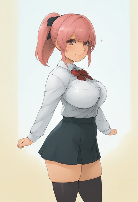masterpiece, best quality,
 <lora:koboshi_no_niwa:1> k0b0sh1n0n1w4, watercolor \(medium\),  1girl, solo,standing,looking at viewer, happy, closed mouth,pink hair, ponytail, pink eyes,school uniform, bow, long sleeves, skirt, skindentation, thighhighs,