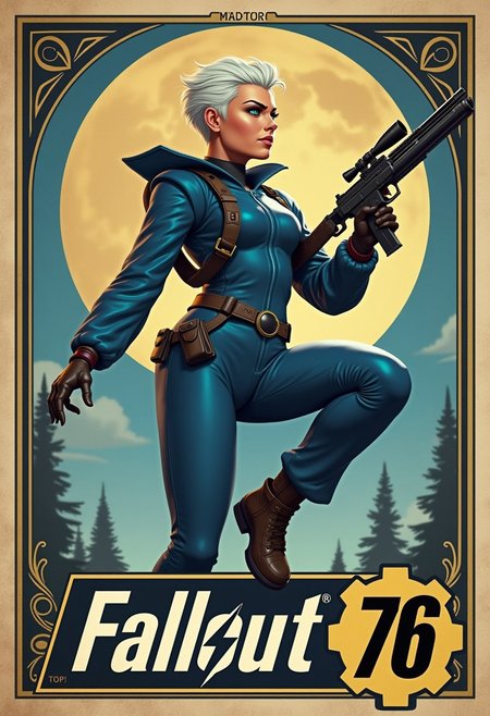 Imagine an Action Hero movie poster for a science fiction movie with art deco framing. Written across across the lower third of the poster in bold, block font are the words "Fallout 76".  The Hero woman with blue eyes an white hair hime cut holding an submachine gun steampunk, wearing a one-piece blue fallout 76 suit, in an action pose hero landing. xia, ArsMJStyle, Rococo Steampunk, detailmaximizer, vintage speedpaint, ossttn,