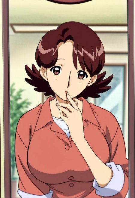 best quality, masterpiece, anime screencap, anime coloring, ultra detailed, source_anime, intricate details, perfect anatomy, 1girl, solo, looking at viewer,
harukaze haruka, brown hair, short hair, flipped hair, bangs, parted bangs, brown eyes, breasts, large breasts, mature female,
upper body, smile, happy, 
shirt, red shirt, pants, shoes, white shirt, open mouth, shirt, collared shirt, sleeves rolled up, buttons, 
:o, open mouth, finger to mouth, plant, reflection, mirror, indoors, blurry,
