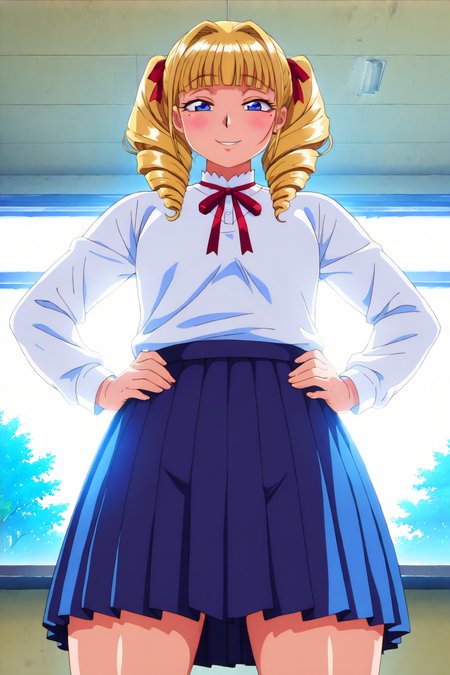 <lora:anime_screencap-IL v-pred:1.5>,<lora:T-rex_studio_animation_style>,<lora:Pony_DetailV2.0:-1>,<lora:1990_Style_Pony:0.5>,(solo:1.5),
score_9,score_8_up,score_7_up,score_6_up,score_5_up,score_4_up,source_anime,(front light:1.8),
masterpiece,absurdres,highres,highest quality,Super detailed,32K,High resolution,an extremely delicate and beautiful,Official Art,perfect anatomy,
(Contrasting colors,octane rendering,Fully painted,anime coloring,anime screencap,Cel-shaded anime,1990s (style),retro artstyle:1.25),
perfect face,ultradeTailed eyes,beautiful,sexy,supermodel,athletic body,shiny skin,Dramatic light,thigh,(curvy:1.1),(scale to fit the dimensions:1.2),
<lora:agawa-000019:1.2>,((4g4w4:1.5)),blonde hair,((twin drills:1.3)),hair intakes,mole under eye,sanpaku,blunt bangs,(broad shoulders,plump:1.3),small breasts,wide hip,thick thigh,parted lips,blush,
(schoolwear, long sleeve shirt,red ribbon, pleated skirt:1.5),long hair,blunt bangs,standing,parted lips,blush,legs apart,looking at viewer,((day,smile,hands on own hips,indoor,classroom:1.5)),<lora:Classroom-IL:1>,((from_below:1.5)),