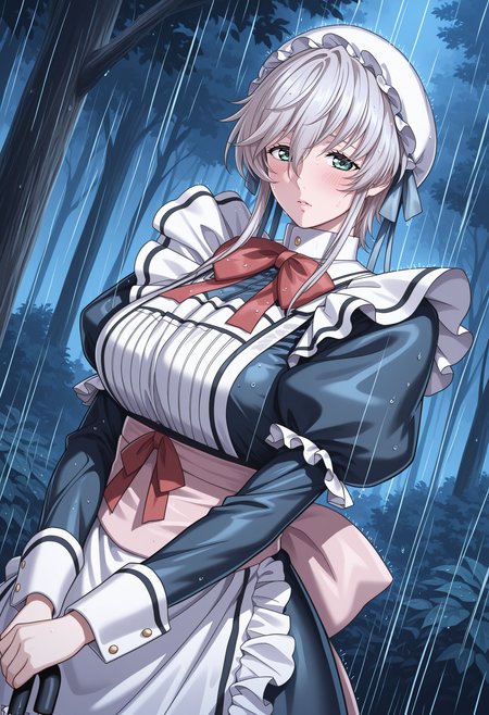 masterpiece, best quality, amazing quality, newest,  BREAK <lora:OriginalYui:1> yuyui, 1girl, rain, mob cap, umbrella, large breasts, green eyes, dutch angle, nature, wet, frilled apron, tree, forest, short hair, blush, long sleeves, red bowtie, white collar, blue maid outfit, puffy sleeves, red bow, sidelocks, blue ribbon, hair ribbon, frills, night ,pink sash,planted umbrella