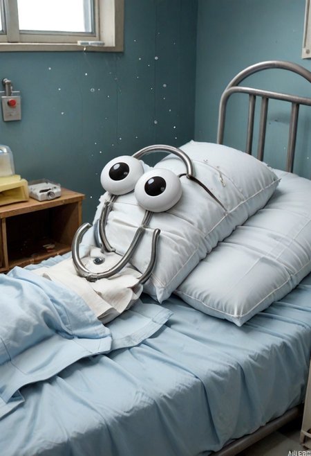 cl1ppy, pokemon (creature), in a hosptial room, hospital, empty hospital room, moody depressing atmosphere, light shafts from window with small dust particles, lying on bed,  head on pillow, view from side, very sick, terminally ill, ((on lifesupport)), IV bag, eyes half-closed