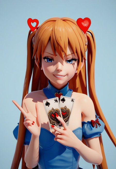 score_9, score_8_up, score_7_up, 1girl, alice in wonderland style, Asuka Langley, blue dress, detached collar, Queen of Hearts, holding card, smug grin, 3d \(artwork\)
