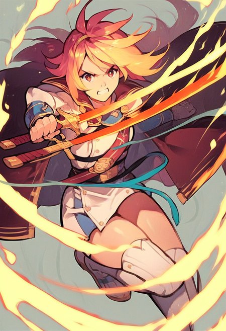 <lora:e7_LHC_-_Pony:1> e7 lhc, action pose, wielding a flaming sword <lora:[GP] somethingweird [Pony XL]:1>, score_9, score_8_up, score_7_up, score_6_up, score_5_up, score_4_up, hd, (ultra hd quality details), 8K