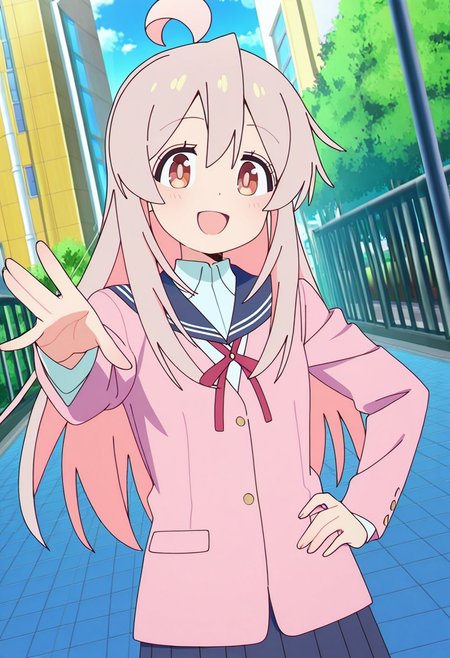 general,highres, ultra-detailed,very aesthetic,best quality ,best hands,best eyes,easynegative,
dynamic anglre, dutch angle, anime cloring,anime screencap,
1girl solo,looking at viewer,city,smile,open mouth, hand on hip, 
Mahiro Oyama,short body, brown eyes, small breasts, white hair, long_hair, ahoge,school uniform,