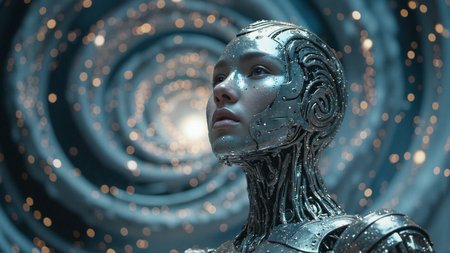 A cyborg's gaze pierces through the swirling vortex of stars as the cosmos erupts around her. Her metallic body glows with an ethereal light, as if infused with an otherworldly energy. The once-pristine surface now bears scars from the intense battle against the unknown forces that ravage the galaxy.  As she looks up, her eyes are drawn to the maelstrom above, where a spiraling column of energy crackles with electricity. The air is thick with the acrid smell of ozone and burning metal, and the sound of thunder booms through the void, punctuated, <lora:Flux_Turbo_Alpha.safetensors:1.0> <lora:Movie_Portrait.safetensors:0.8> movie portrait <lora:flux.1_lora_flyway_Epic-detail_v2.safetensors:0.4> epic gorgeous details