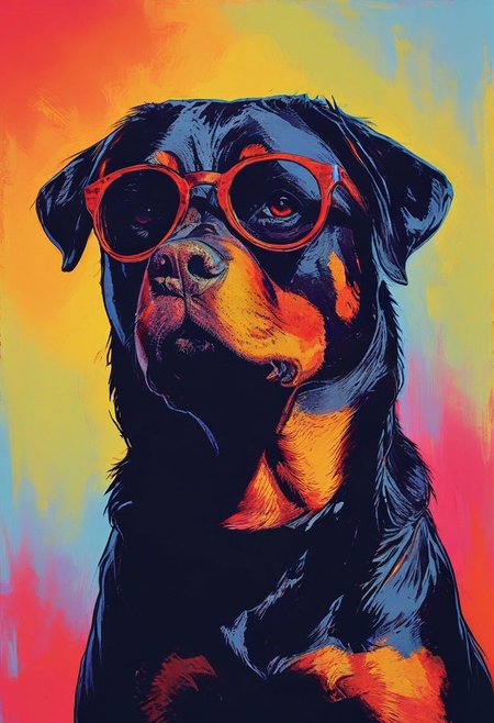 impactful color paint of, a Rottweiler wearing dark sunglasses, highly detailed, vibrant colors , 8k, sharp, professional, clear, high contrast, high saturated, , vivid deep blacks, crystal clear