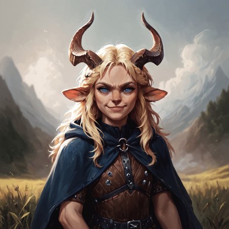 safe_pos, (((beautiful, high quality))), upper Body, score_9, score_8_up, score_7_up, blonde hair, long hair, small breasts, woman, looking at the viewer, dynamic pose, blurred background, in the style of jeff-easley, oil painting, realistic, short sleeves, smirk, black armor, (studded leather armor:1.1), cloak, hood, youthful face, satyr, faun, horns, animal ears, big horns,