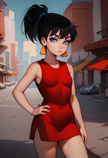 score_9, score_8_up
1girl, solo, zvezdochka, red dress, sleeveless, small breasts, blue eyes, earrings, black hair, ponytail, looking at viewer, one hand on hip, standing, sexy pose, outdoors, street, seductive
<lora:zvzd_pdxl-000009:0.7>