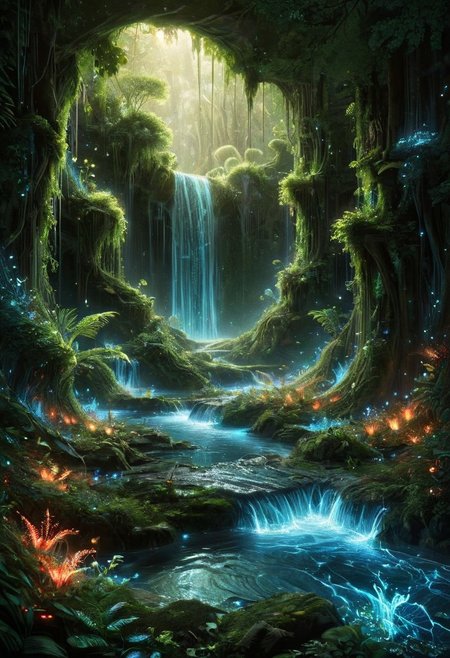 Amidst a mystical realm where ethereal flames dance, a celestial villain stands, their god-like aura emanating from glowing, intricate armor. This fiery dominion, inspired by the art of H.R. Giger, Alex Grey, and John Harris, is alive with swirling embers and cosmic energy.
In stark contrast, a tranquil summer scene unfolds where a majestic waterfall tumbles into a crystalline pool, embraced by lush flora. The sky above is a canvas of azure punctuated by playful clouds, with sunlight shimmering upon the water’s surface, crafting a serene tableau that whispers of nature’s untouched splendor.
art by Christopher Balaskas, 
aliens, alien-worlds, digital, eeriness, futuristic, landscapes, outer-space, science-fiction, vibrant, 
concept-art, fantasy, epic, majestic, magical, dreamy, perspective, light and shadow, moody, epic, 
beautiful, painterly, aesthetic, textural, vivid, vibrant, intricate details, highly detailed, ultra-detailed, absurdres, 
ais-blmn, gl0w, glow
alienworld