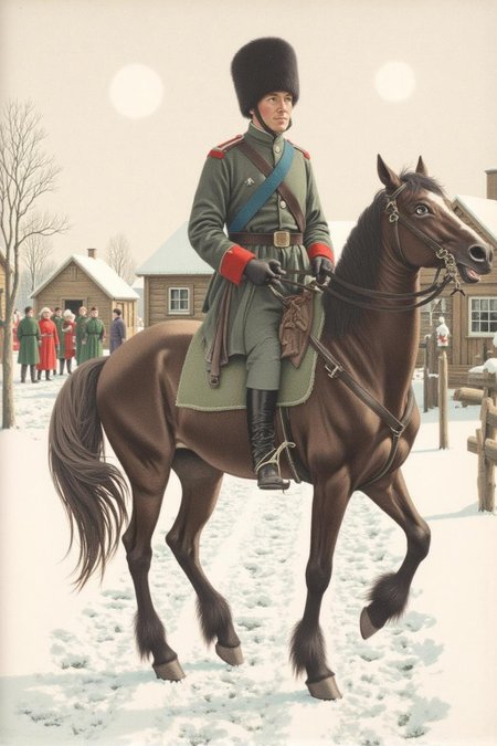 jeanleonhuens1 illustration.
A Cossack soldier on horseback is dressed in a military uniform with red cuffs and a blue sash. The horse is dark brown, and the soldier's uniform includes a fur hat and a belt with pouches. Several wooden buildings are visible, with people dressed in red and green coats gathered nearby. <lora:jeanleonhuens1_ap_d6a3e12:1.0><lora:844822356624033467:0>