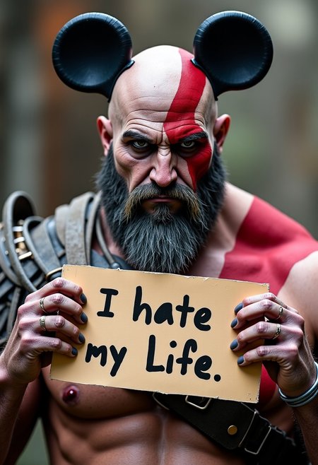 Grumpy Kratos from God of War Ragnarök with black Mickey Mouse ears Cosplay holding a Sign with the Text "I hate my Life", his face is visible, light gray beard