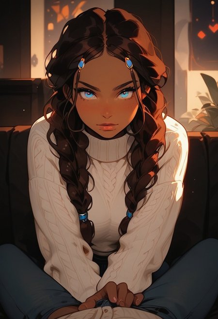 score_9, score_8_up, score_8_up, 
1girl, ((Katara, dark skin, dark hair, blue eyes, braids, small perky breasts, perfect eyes, pretty eyes, white winter sweater, sweater, jeans, no boots, no cap)),
Sitting on couch in cozy living room, 
1man sitting on couch next to her, pov, grabbing his crotch with one hand, massaging crotch,
cold winter night, warm frontal light, warm light, full body visible, wide shot, Expressiveh