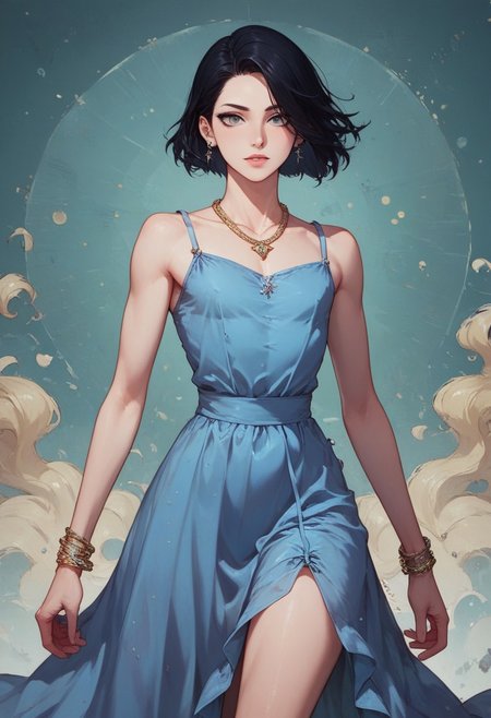 score_9, score_8_up, score_7_up, 1boy, femboy, otoko no ko, short hair, bob cut hair, black hair, grey eyes, gray eyes, feminine face, toned body, Shelly, camisole dress, loose dress, silk dress, blue dress, earrings, necklace, bracelet, elegant, flowing, highly detailed, intricate, zzCitronCAT, flirty expression, walking pose, cowboy shot, looking at viewer, modelshoot, abstract background, solo