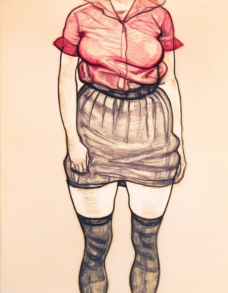 high quality, newest,traditional media, painting (medium), Gaouch \(medium\), 
1girl, solo, breasts, skirt, simple background, thighhighs, standing, monochrome, short sleeves, zettai ryouiki, traditional media, lower body,  skirt tug