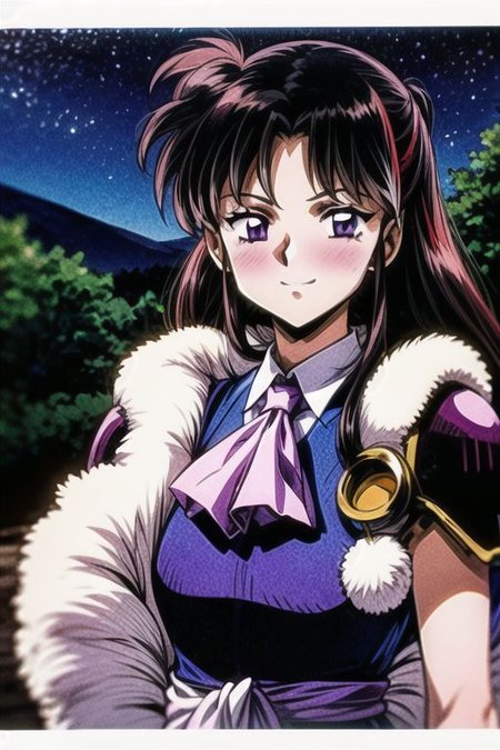 best quality 1girl Setsun4 solo long hair,  (night time) forest background black hair very long hair purple eyes multicolored hair armor, small, (fur trim) (medium body),<lora:EMS-179-EMS:0.800000>,<lora:EMS-293862-EMS:0.800000> bow, hair_bow, hair_tubes, red_bow, brown_hair, long_hair, bangs, ascot, frilled_bow, yellow_ascot, blush, smile, hair_between_eyes, athletic, armor, miko,  Smiling, happy,