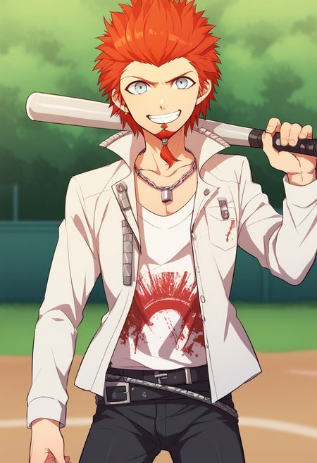 score_9, score_8_up, score_7_up, source_anime, highly detailed, 
leokuwata, 1boy, male focus, solo, smile, pants, facial hair, shirt, black pants, goatee, grin, white shirt, belt,
jewelry, spiked hair, open clothes, holding, collarbone, looking at viewer, necklace, outdoors,
day, baseball bat, short hair, cowboy shot, red hair, black belt, white jacket, teeth, open shirt, print shirt,