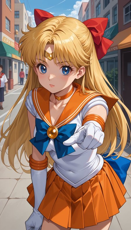 score_9, score_8_up, score_7_up, source_anime, ,outdoors, street, cowboy shot, leaning forward, pointing at viewer,
 <lora:Sailor Venus:0.7> sailor venus, aino minako, blonde hair, red bow, blue eyes, jewelry, sailor senshi uniform, magical girl, elbow gloves, white gloves, orange sailor collar, orange skirt, orange choker, pleated skirt, blue bow, miniskirt, tiara, hair bow,