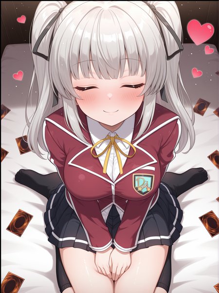 rein megumi, 1girl, solo, card \(yu-gi-oh!\), closed eyes, blush, sitting, smile, black kneehighs, large breasts, heart, black hair ribbon, duel academy uniform \(yu-gi-oh! 5d's\), yellow neck ribbon, red blazer, white collared shirt, black miniskirt, from above, seiza, black border,
masterpiece,best quality,amazing quality,very aesthetic,absurdres,newest,scenery,extreme detail,8k,light particles,soft lighting,volumetric lighting,intricate details,finely detailed,detailed eyes,<lora:Rain Megumi & Jackal Misaki illusXL v1:0.77>,