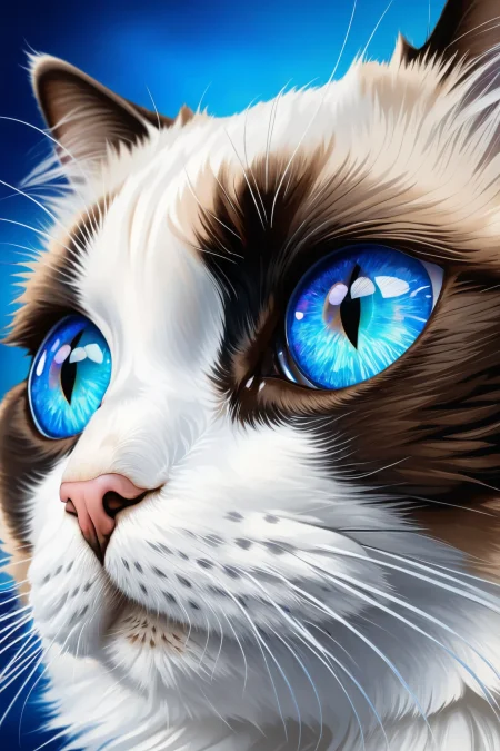 absh05 style colorful abstract <lora:Special_Constructs_absh05_style:1>,
cartoon
closeup portrait of a young (white:1.1) white black ragdoll cat stalking with beautiful blue and navy blue iridescent multi-shaded eyes, round eyeballs,highly detailed, viewed from the side, focus on eyes, background out of focus, chiaroscuro , 
Brown background,
detailed, professional, slick, high quality, masterpiece, highres,
amazing, beautiful, breathtaking, astonishing, brilliant,