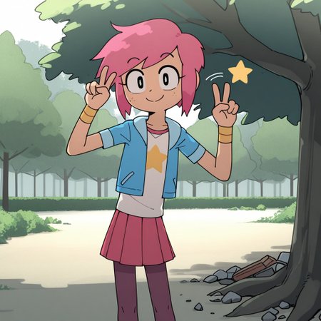 masterpiece, best quality, break, gi_bo, 1girl, pink hair, short hair, freckles. shirt, star_(symbol), jacket, skirt, pantyhose, looking at viewer, smile, v, tree, outdoors, natural lighting