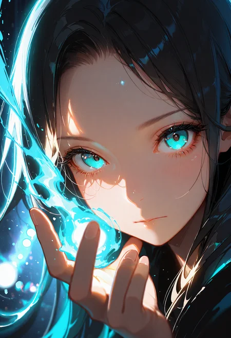 lazypos, 1girl, solo, black hair, looking at viewer, magic, long hair, closed mouth, portrait, blue eyes, glowing, hand up, aqua eyes, forehead, eyelashes, casting spell
<lora:DetailedEyes_V3:1> <lora:USNR_STYLE_ILL_V1_lokr3:0.45> usnr <lora:ponyv6_noobV1_2_adamW:0.9> <lora:GENESIS_MK0.2:0.5> <lora:KRGRL-IL:1>
