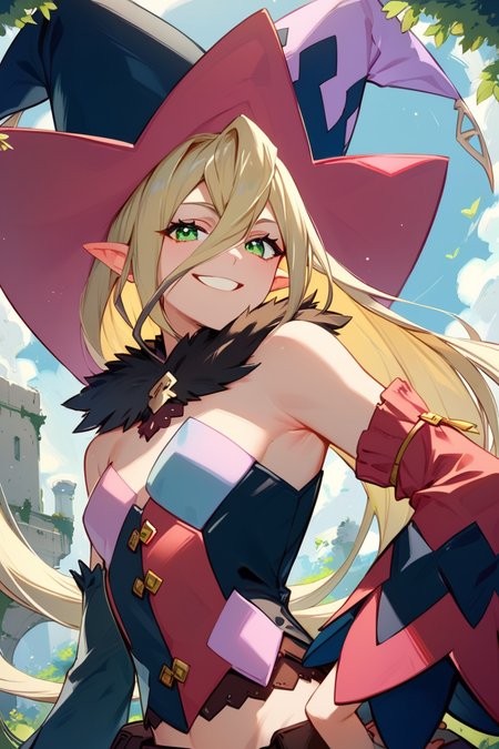 score_9, score_8_up, score_7_up, very aesthetic, source_anime, detailed, high quality, beautiful, masterpiece, detailed eyes,
forest, ruins, 
<lora:lightXL:0.8>
dynamic angle, from below, from behind, close up, upper body,
grin, looking at viewer, hand over head, armpit, dynamic pose,
<lora:magilou_autismConfetti_v01:0.95>
magilou \(tales\), blonde hair, very long hair, green eyes, hair between eyes, pointy ears,
bare shoulders, hat, mismatched sleeves, asymmetrical sleeves, detached sleeves, fur collar, fur-trimmed collar, mismatched legwear, asymmetrical footwear, mismatched footwear, strapless,, zPDXL