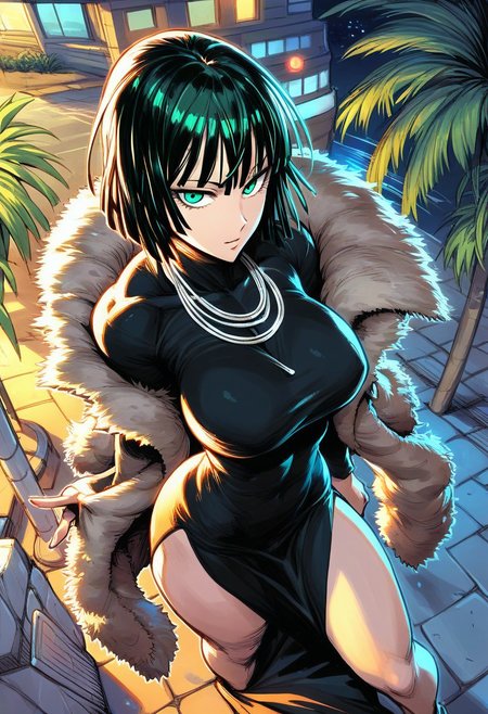 1girl, fubuki, fubuki \(one-punch man\), black hair, green eyes, short hair, large breasts,black dress, dress, fur coat, high collar, jewelry, necklace, , High angle, high quality, volumetric lighting, perfect face, shadows, very close-up, (vacation resort, oasis, palm trees, rave party, club party, colorfull lights), wide hips, (nighttime:1.7), (night:2.0), stary night, 
BREAK 
score_9, score_8_up, score_7_up, score_6_up, source_cartoon, rating_sfw