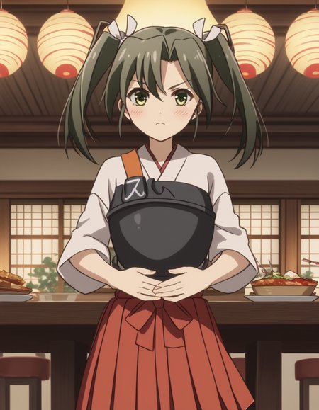 score_9, score_8_up, score_7_up, source_anime, <lora:kacolle-zuikaku-s1-ponyxl-lora-nochekaiser:1>, zuikaku, long hair, ribbon, twintails, green eyes, hair ribbon, zuikaku (kancolle), skirt, japanese clothes, muneate, red skirt, pleated skirt,, restaurant, laughter, good food, warm lighting, celebration, , , hands on stomach, blush,, solo,, cowboy shot, dutch angle