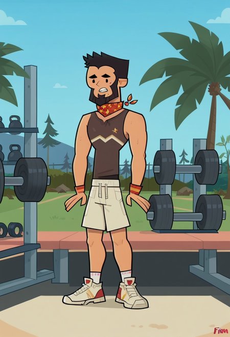 score_9, score_8_up, score_7_up, score_6_up, , flat color, FINN AGUDELO, 1boy, solo, nice skin, black hair, Black eyes, Black beard,  sleeveless shirt, shorts, sweatband, sneakers, tight clothing, outdoor, gym.