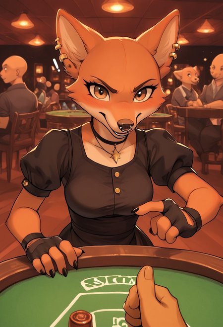 score_9, score_8_up, score_7_up, score_6_up, score_5_up, source_furry, furry, fur, flurry, solo, portrait, 
BREAK 1girl, ((solo:1.8,)) sitting in casino table playing games, white exclamation mark, Foxy_Liars_Bar, ((bald:2, no hair:1.4,)) orange fur, two tone fur, brown eyes, nose piercing, ears piercing, fingerless gloves, black stockings, black dress, paws, tr1ck0rtr3at, black fingernails, punky, casino games, spotlight, ((holding black upside down cup,)) open mouth, shouting, gambling, 1 finger pointing at pov, medium breasts, (black clothes:1.2), aggressive lewd expression, soft blush,
BREAK casino, casino table, poker night, offscreen male holding playing cards, anthro background characters, casino chips, smile, closed mouth, ((fantastic lights and shadows:1.2, post processing))