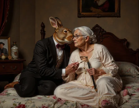full body shot of Rembrandt style <lora:antr:1>, A comical and whimsical scene of an anthropomorphic rabbit and a quirky little old lady, both the same size, sharing a humorous yet affectionate moment on a cozy bedroom bed. The rabbit, dressed in a dapper suit with a bowtie slightly askew, leans in for an exaggerated dramatic kiss with the elderly woman, who is wearing a frilly nightgown, fluffy slippers, and a hairnet. Her oversized glasses are crooked, and she holds a cane topped with a heart-shaped charm, adding to the playful vibe. The bed is adorned with mismatched floral sheets and scattered rose petals, while funny details like a bottle of 'Grandmaâs Elixir' on the nightstand and a photo of them together in silly hats add to the humor. Soft lighting and charming decor create a warm, lighthearted atmosphere, while subtle comedic touchesâlike a mischievous cat peeking out from under the bed or a pair of dentures resting nearbyâenhance the absurdity . Baroque, chiaroscuro, realistic, emotional, "flat lighting. Whole outfit, clear, sharp, balanced