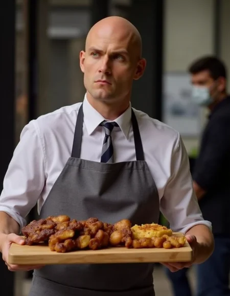 bald. waiter carrying cooked food to someone,serious facial expression,<lora:Hitman (World of Assassination)_epoch_5:1>,