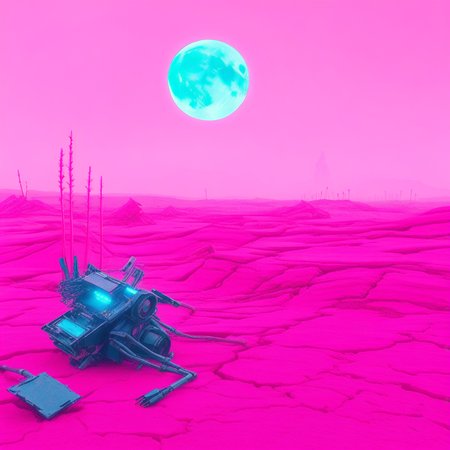 ground vehicle, blue sky, pink theme, full moon, cable, solo, robot, scenery