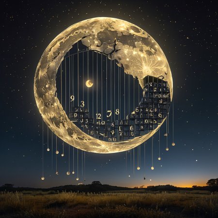 an ephemeral cage of glowing numbers entraps the full moon in the night sky