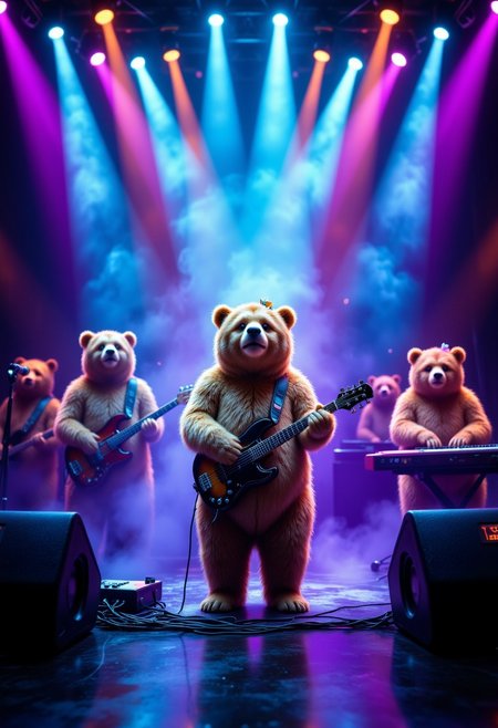 Wide angle. Live house stage. Five lovely bear bands are playing on stage. The bear in the center is the vocalist, wearing a ribbon on his head. The other bears are guitar, bass, drums, and keyboard. Lights and lasers of various colors from the upper rear, spotlight in the center.
Smoke on stage, stage decorated with neon glow.
Huge speakers at both ends of the stage, neon lights on the speakers.
Front of the stage
Translated with DeepL.com (free version)
aidmafluxpro1.1,fntsylghtshwCE_style