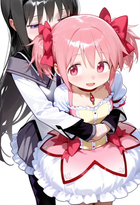 masterpiece, best quality, absurdres, highres, newest, general,
2girls, mahou shoujo madoka magica,
kaname madoka, pink hair, short twintalils, small breasts, smile, open mouth, blush, magical girl, pink dress, puffy short sleeves, frilled skirt,
akemi homura, black hair, long hair, small breasts, smile, blush, magical girl, long sleeves, frilled skirt, pleated skirt, hug from behind,
simple background,
<lora:nyalia:0.15>, <lora:dj_sloppa_ill_v2:0.3>,
