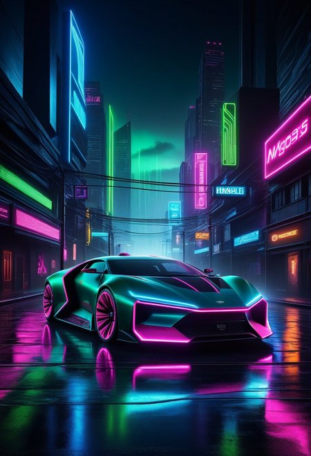 Ultra realistic car in cyberpunk style:
Physical characteristics of the car:
A modern sports car with an aggressive design, sharp lines and aerodynamic shapes.
Reinforced metal and carbon fiber body with matte black finish and neon light accents.
Rubber tires with glowing treads and futuristic rim design.
Large, tinted glass surfaces that give a mysterious and high-tech look.
Lighting and visual effects:
Bright neon light strips on the edges of the body that glow in different colors (neon blue, green, pink).
Light panels on rims and tires that create light effects when moving.
LED headlights and taillights with a futuristic design that give an aggressive and dynamic look.
Laser projectors mounted on the roof that illuminate the road and create a dramatic atmosphere.
Interior and details:
High-tech interior with leather seats and illuminated dashboard panels.
Holographic displays and interactive screens to control car functions.
Advanced control system with tactile controls and lighting effects.
Background and Environment:
Cyberpunk style cityscape with tall skyscrapers, neon signs and lights.
Streets covered in rain and lights reflecting off the wet surface creating a dramatic contrast.
Flying vehicles and drones patrolling the sky.
Atmosphere:
Dramatic light from city lights and neon signs that adds depth and realism to the image.